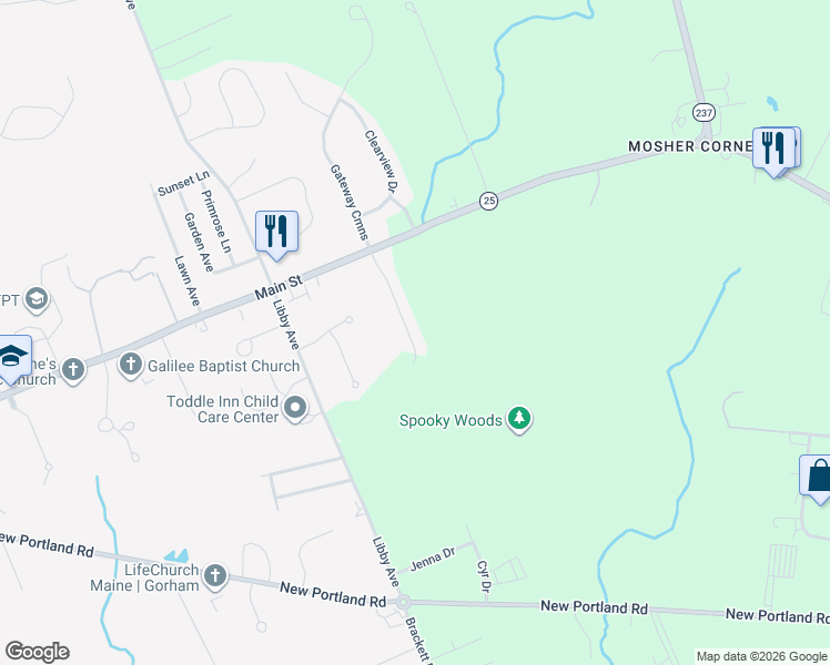 map of restaurants, bars, coffee shops, grocery stores, and more near 38 Shamrock Drive in Gorham