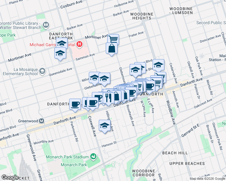 map of restaurants, bars, coffee shops, grocery stores, and more near 259 Wolverleigh Boulevard in Toronto