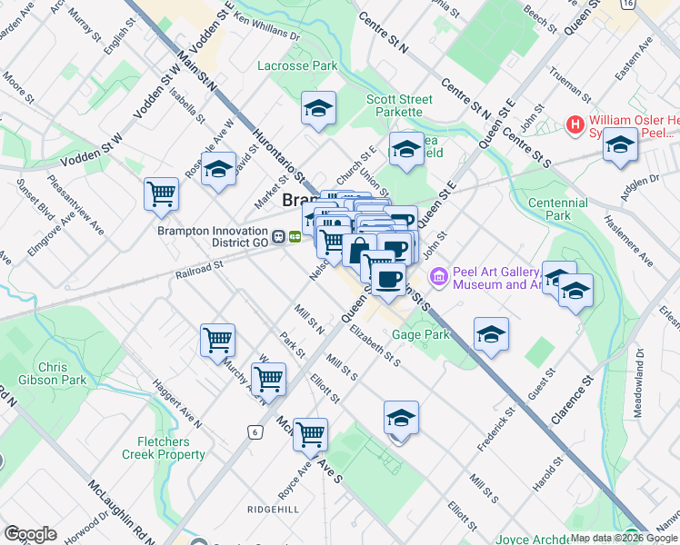 map of restaurants, bars, coffee shops, grocery stores, and more near 23 George Street North in Brampton