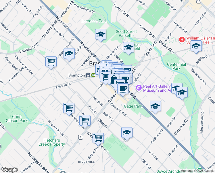 map of restaurants, bars, coffee shops, grocery stores, and more near 23 George Street North in Brampton