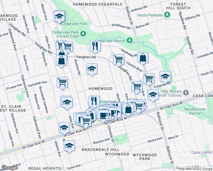 map of restaurants, bars, coffee shops, grocery stores, and more near 119 Maplewood Avenue in Toronto