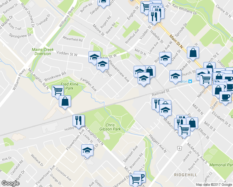 map of restaurants, bars, coffee shops, grocery stores, and more near 2 Glendale Avenue in Brampton