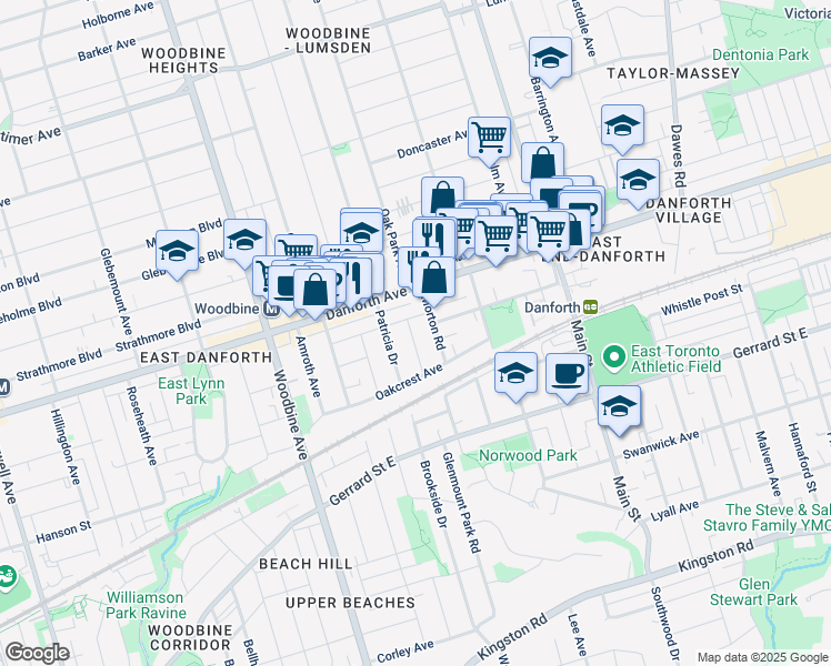 map of restaurants, bars, coffee shops, grocery stores, and more near 43 Beck Avenue in Toronto