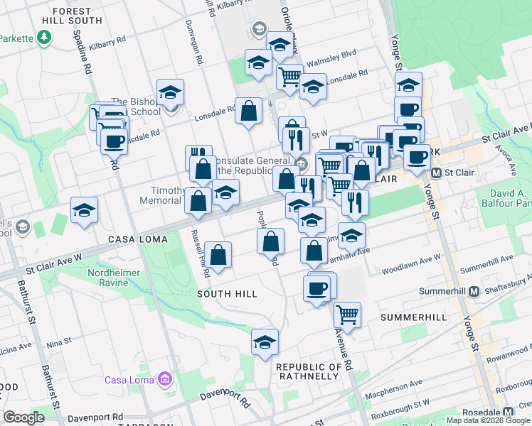 map of restaurants, bars, coffee shops, grocery stores, and more near 265 Poplar Plains Road in Toronto