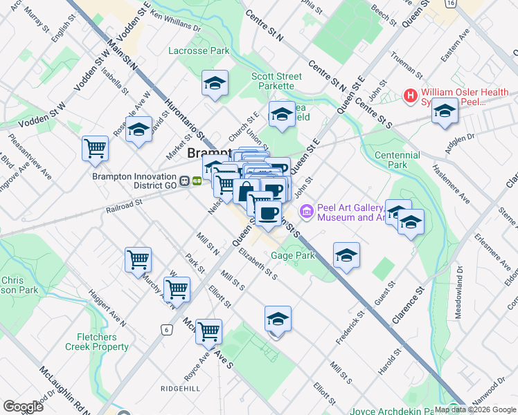 map of restaurants, bars, coffee shops, grocery stores, and more near in Brampton