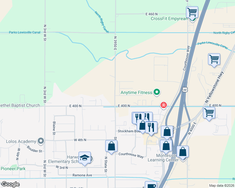 map of restaurants, bars, coffee shops, grocery stores, and more near 137 Dakota Avenue in Rigby