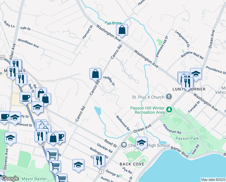 map of restaurants, bars, coffee shops, grocery stores, and more near 70 Holiday Drive in Portland
