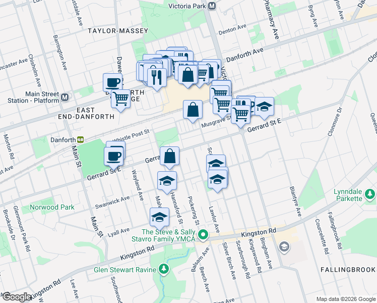 map of restaurants, bars, coffee shops, grocery stores, and more near 212 Lawlor Avenue in Toronto