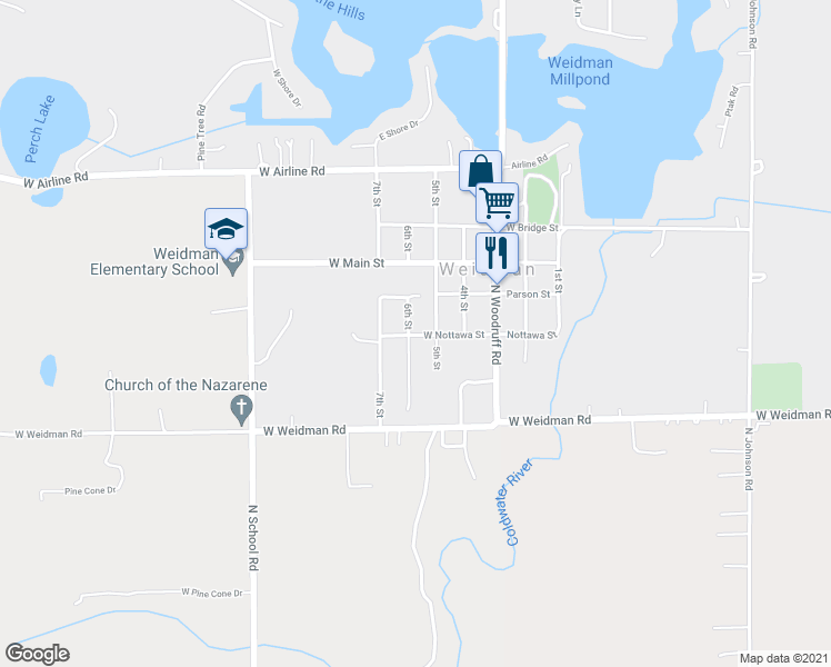 map of restaurants, bars, coffee shops, grocery stores, and more near 3190 6th Street in Weidman