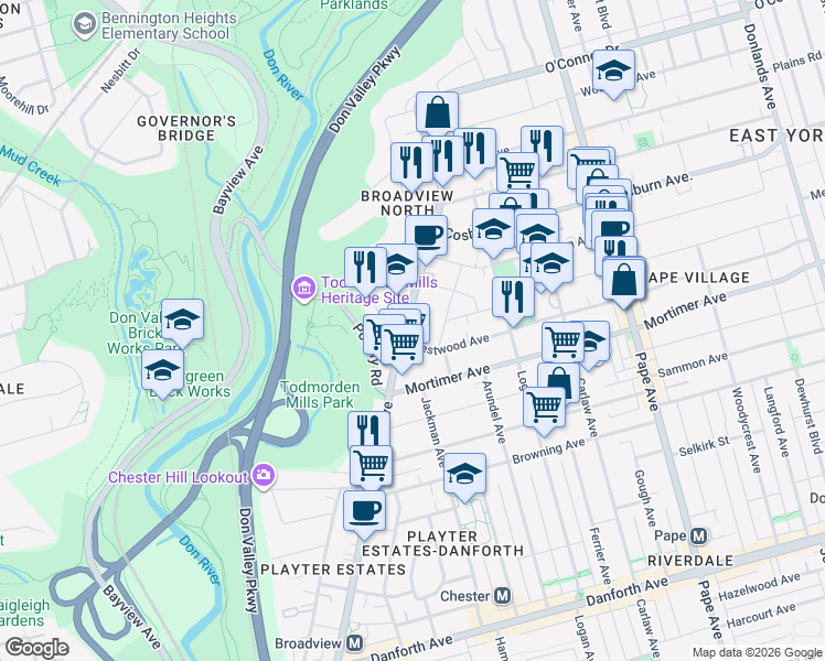 map of restaurants, bars, coffee shops, grocery stores, and more near in Toronto