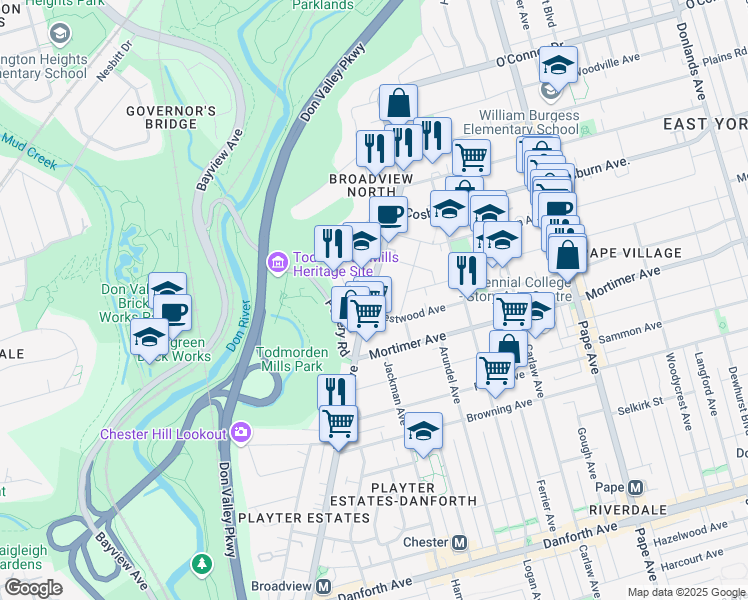 map of restaurants, bars, coffee shops, grocery stores, and more near 1089 Broadview Avenue in Toronto