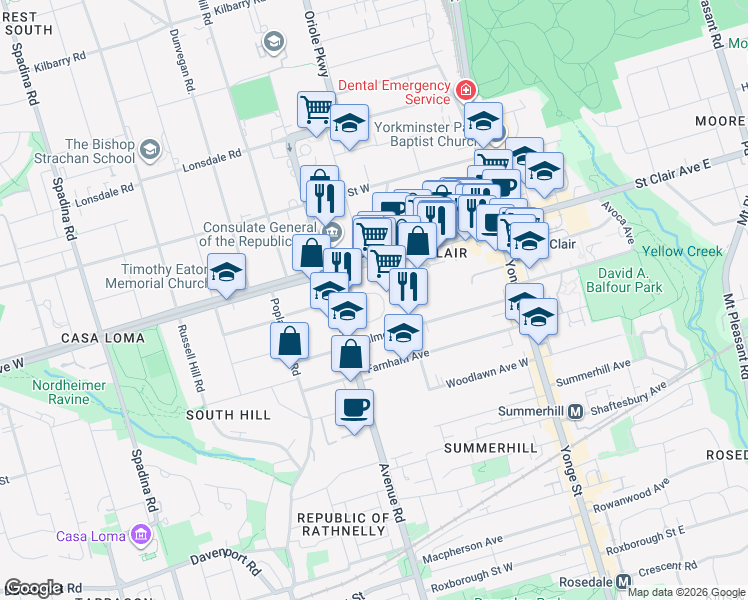 map of restaurants, bars, coffee shops, grocery stores, and more near in Toronto