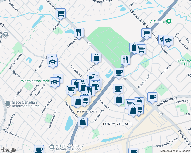 map of restaurants, bars, coffee shops, grocery stores, and more near 80 Farthingale Crescent in Brampton