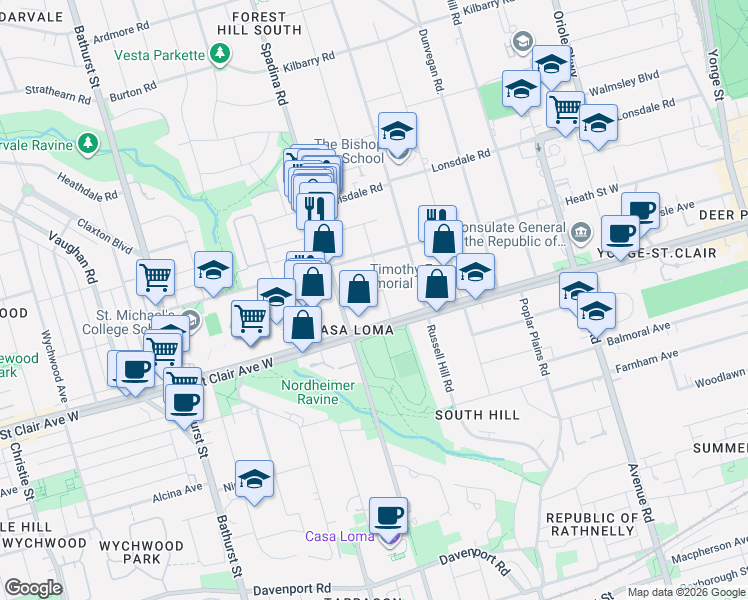 map of restaurants, bars, coffee shops, grocery stores, and more near 3 Shorncliffe Avenue in Toronto