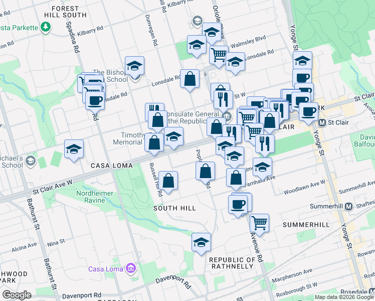 map of restaurants, bars, coffee shops, grocery stores, and more near 223 Saint Clair Avenue West in Toronto