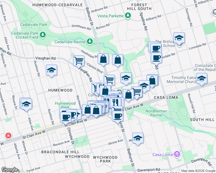 map of restaurants, bars, coffee shops, grocery stores, and more near 1560 Bathurst Street in Toronto