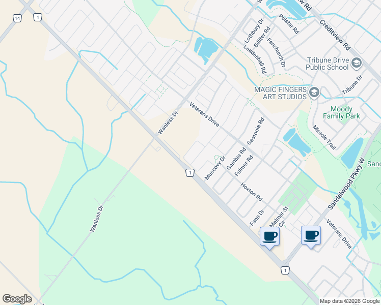 map of restaurants, bars, coffee shops, grocery stores, and more near 81 Padbury Trail in Brampton
