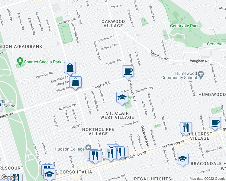 map of restaurants, bars, coffee shops, grocery stores, and more near 141 Holland Park Avenue in Toronto