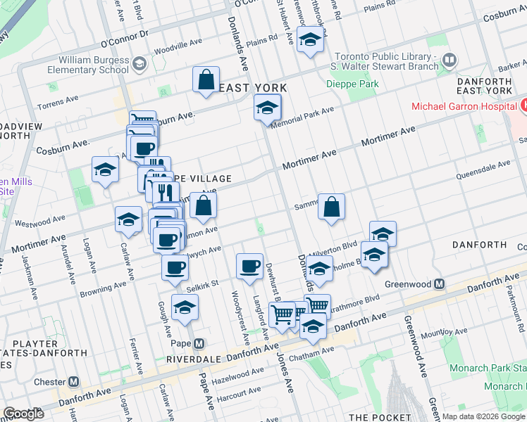 map of restaurants, bars, coffee shops, grocery stores, and more near 176 Sammon Avenue in Toronto