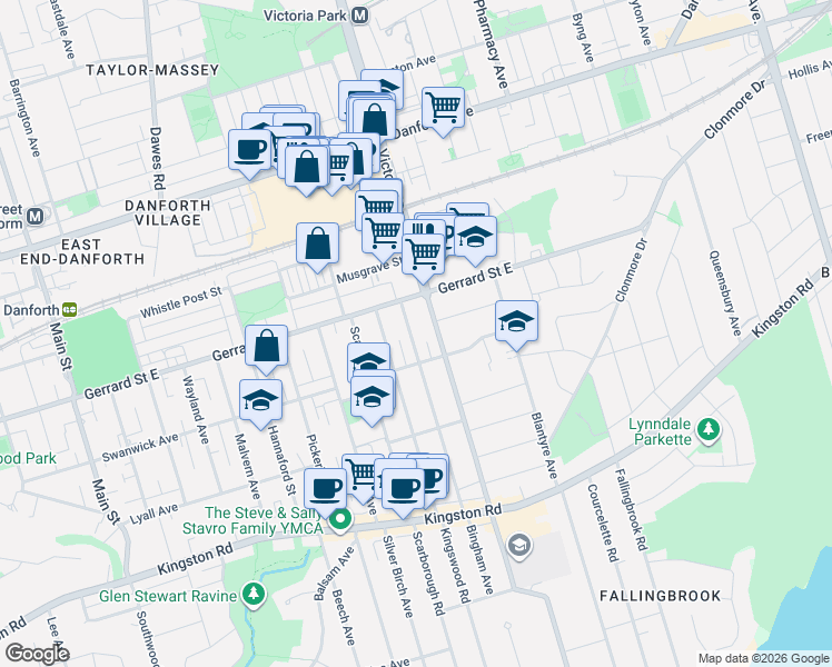 map of restaurants, bars, coffee shops, grocery stores, and more near 259 Bingham Avenue in Toronto