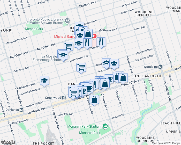 map of restaurants, bars, coffee shops, grocery stores, and more near 292 Glebeholme Boulevard in Toronto