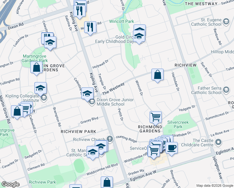 map of restaurants, bars, coffee shops, grocery stores, and more near 7 Pettit Drive in Toronto