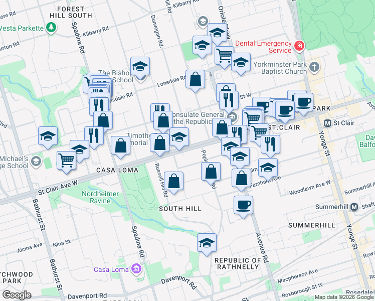 map of restaurants, bars, coffee shops, grocery stores, and more near 235 St Clair Ave W in Toronto