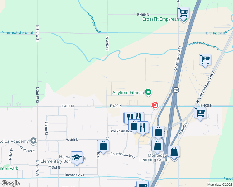 map of restaurants, bars, coffee shops, grocery stores, and more near 3959 East 400 North in Rigby