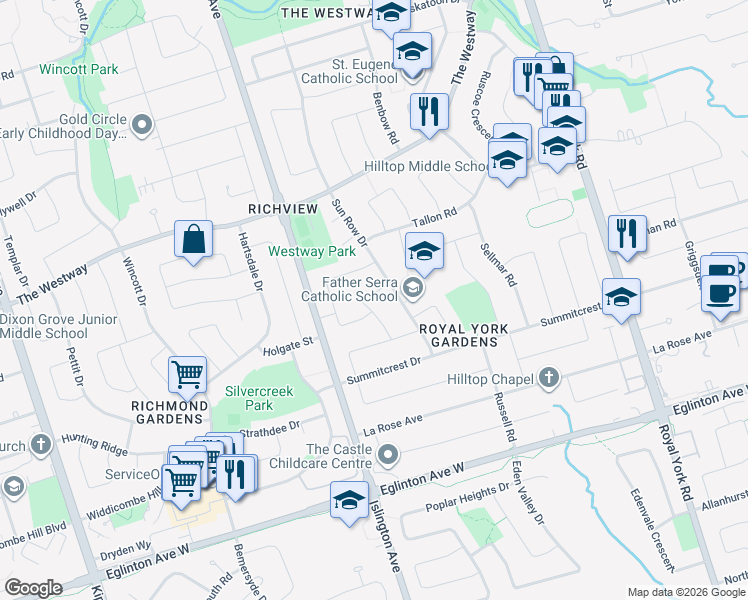 map of restaurants, bars, coffee shops, grocery stores, and more near 19 Brook Tree Crescent in Toronto