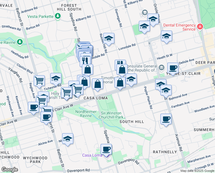 map of restaurants, bars, coffee shops, grocery stores, and more near in Toronto