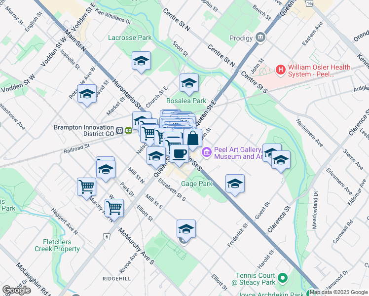 map of restaurants, bars, coffee shops, grocery stores, and more near in Brampton