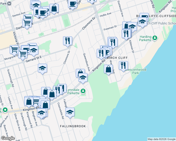 map of restaurants, bars, coffee shops, grocery stores, and more near 2A Queensbury Avenue in Toronto