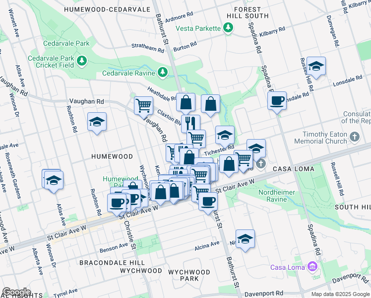 map of restaurants, bars, coffee shops, grocery stores, and more near 91 Raglan Avenue in Toronto
