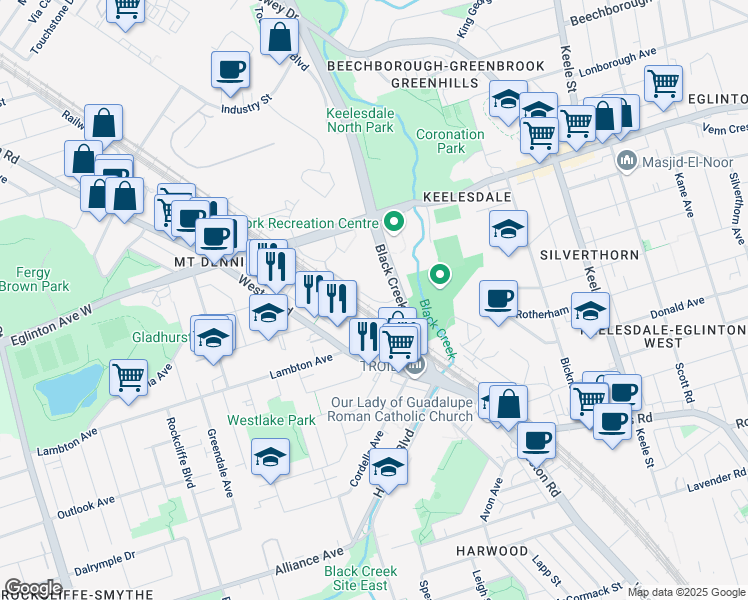 map of restaurants, bars, coffee shops, grocery stores, and more near 30 Photography Drive in Toronto
