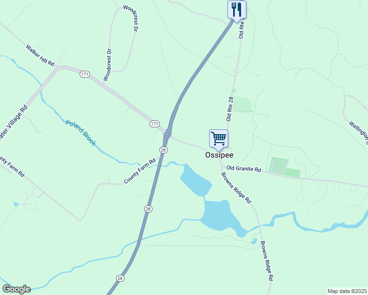 map of restaurants, bars, coffee shops, grocery stores, and more near 125 County Farm Road in Ossipee