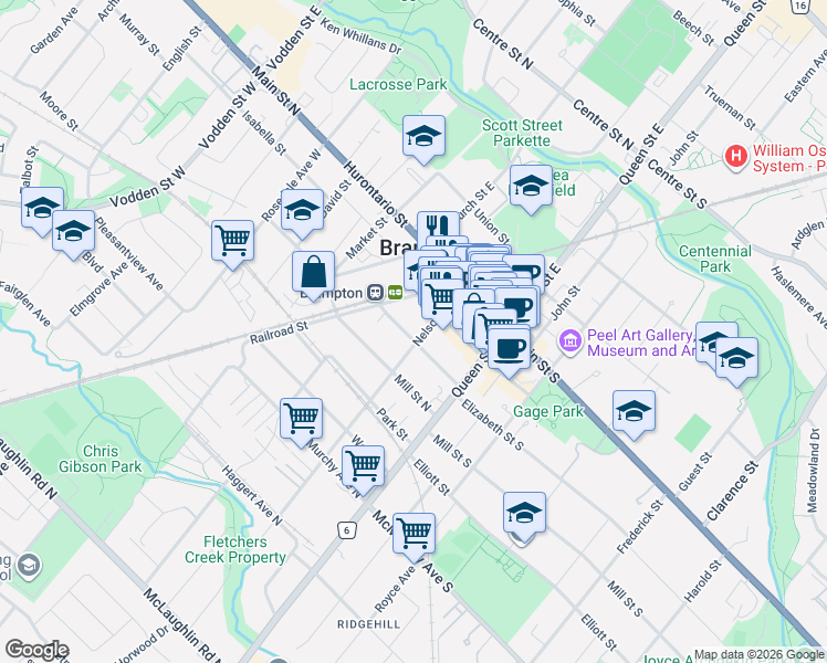 map of restaurants, bars, coffee shops, grocery stores, and more near 38 Elizabeth Street North in Brampton