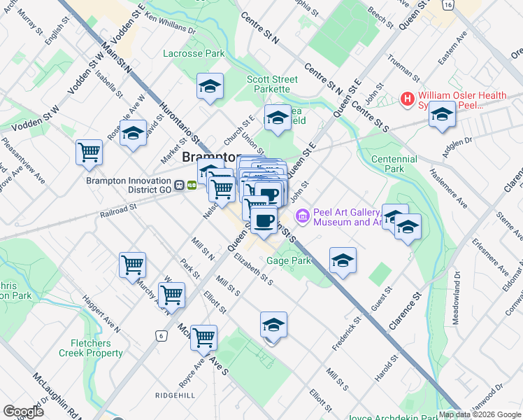 map of restaurants, bars, coffee shops, grocery stores, and more near 51 Queen Street West in Brampton