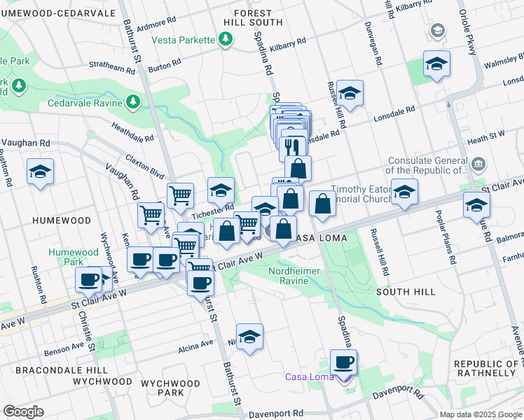 map of restaurants, bars, coffee shops, grocery stores, and more near 320 Tweedsmuir Avenue in Toronto