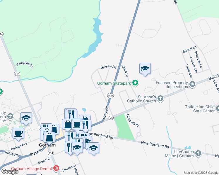map of restaurants, bars, coffee shops, grocery stores, and more near 54 Gray Rd in Gorham