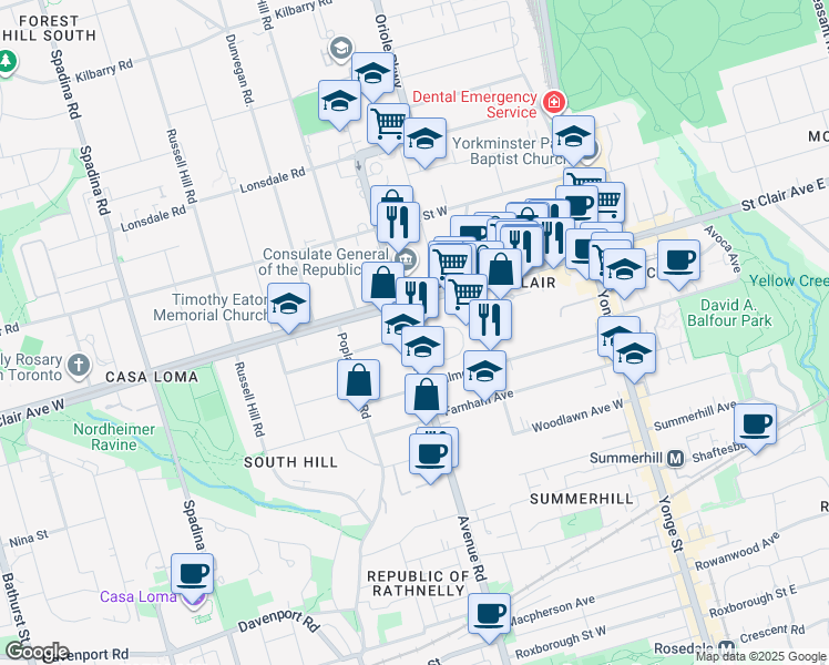 map of restaurants, bars, coffee shops, grocery stores, and more near 465 Avenue Road in Toronto