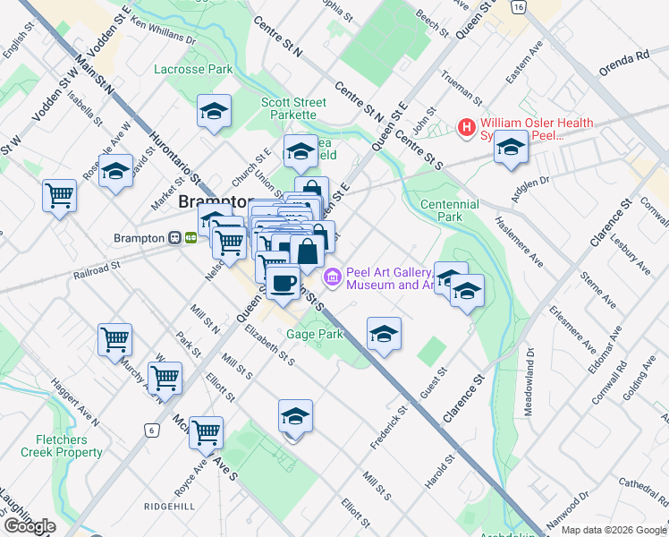 map of restaurants, bars, coffee shops, grocery stores, and more near 16 Wellington Street East in Brampton