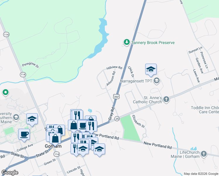 map of restaurants, bars, coffee shops, grocery stores, and more near 54 Gray Road in Gorham