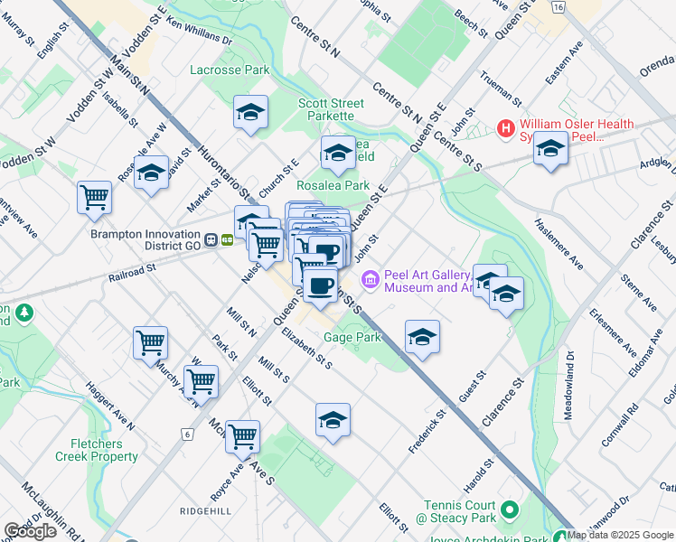 map of restaurants, bars, coffee shops, grocery stores, and more near 10 John Street in Brampton