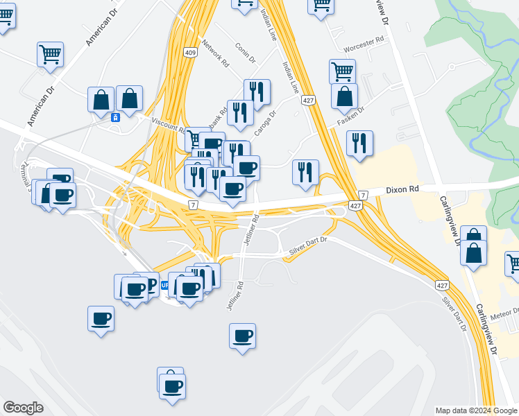 map of restaurants, bars, coffee shops, grocery stores, and more near 1500 Airport Road in Mississauga
