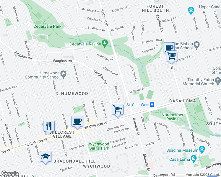 map of restaurants, bars, coffee shops, grocery stores, and more near 165 Vaughan Road in Toronto