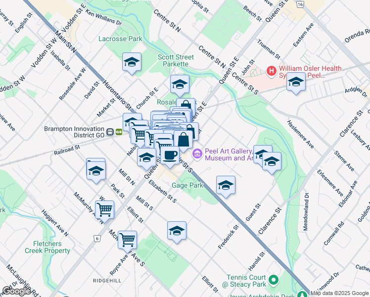 map of restaurants, bars, coffee shops, grocery stores, and more near 10 John Street in Brampton