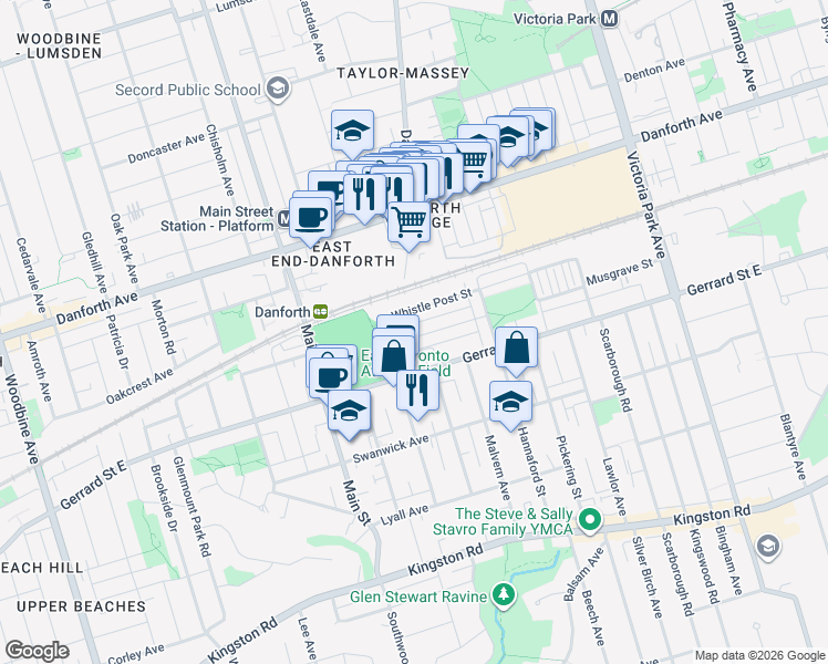 map of restaurants, bars, coffee shops, grocery stores, and more near 36 Crossovers Street in Toronto