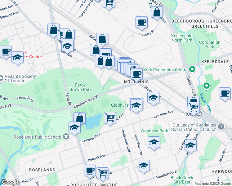 map of restaurants, bars, coffee shops, grocery stores, and more near 3561 Eglinton Avenue West in Toronto