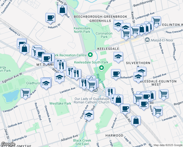 map of restaurants, bars, coffee shops, grocery stores, and more near 115 Black Creek Drive in Toronto