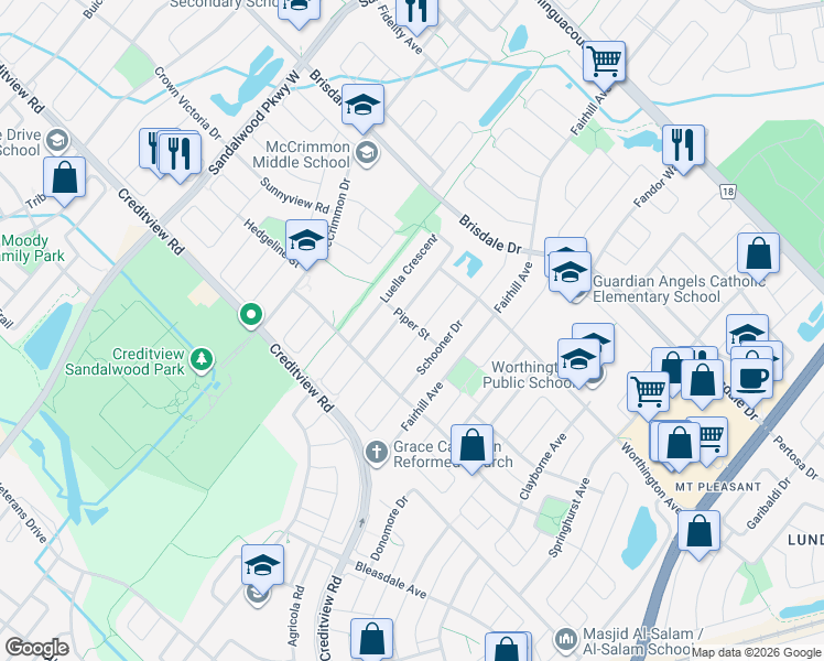 map of restaurants, bars, coffee shops, grocery stores, and more near 36 Capistro Street in Brampton